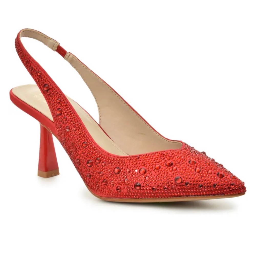 Nicole Miller Red Rhinestone Embellished Slingback Pointed Toe Heels Pumps, Sz 8